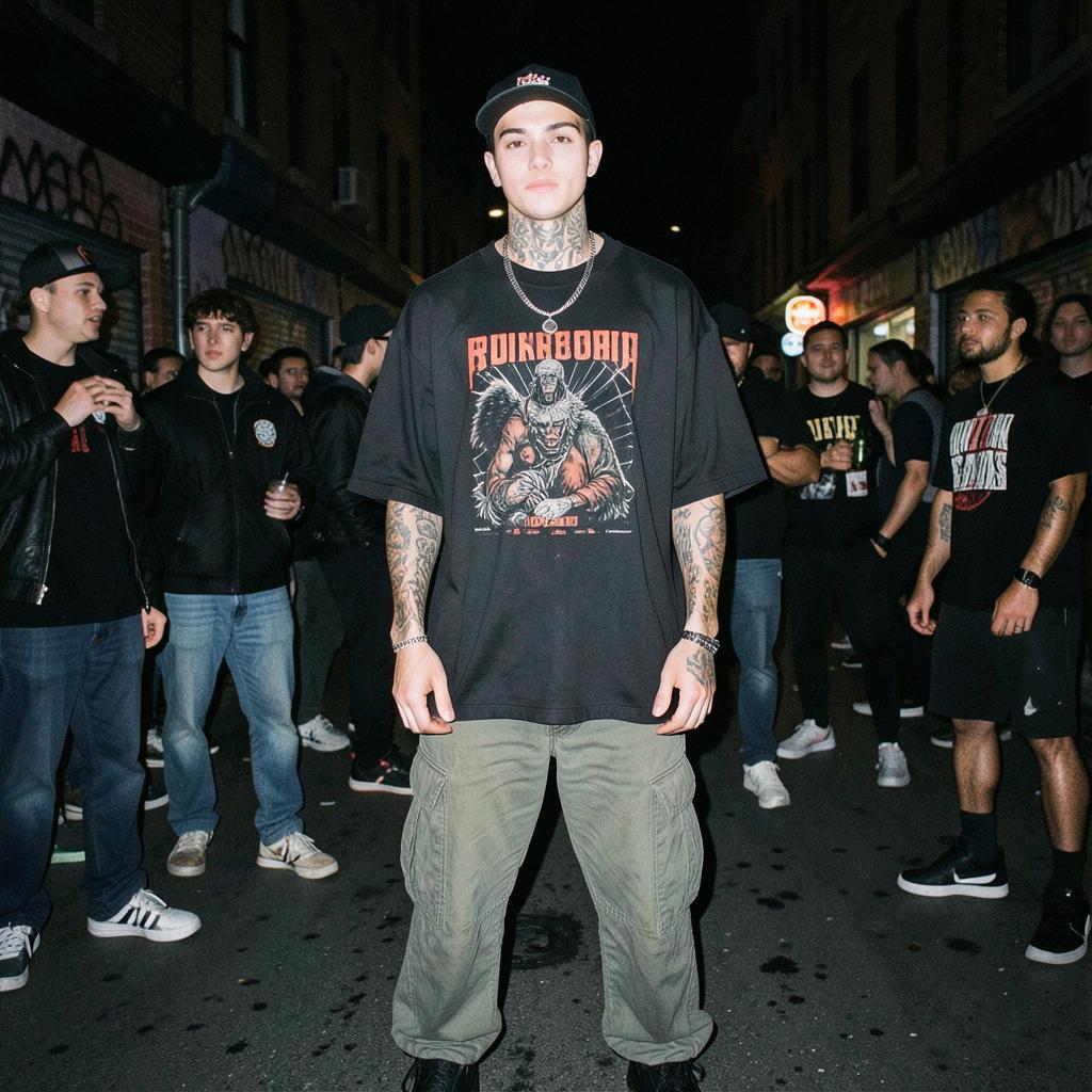 Cronie in an oversized black graphic tee at night