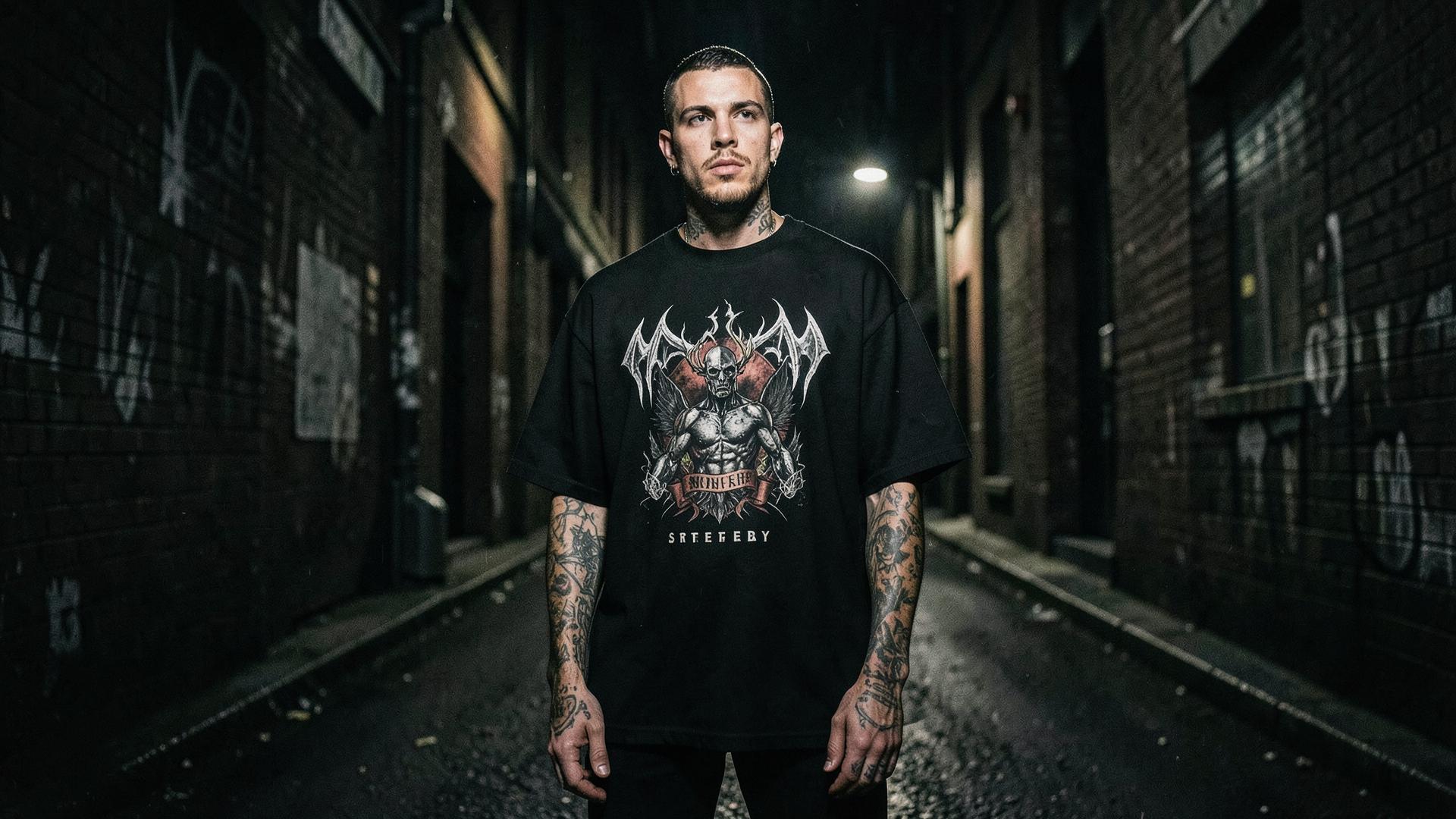 Model wearing a black gothic oversized tee in a night alley