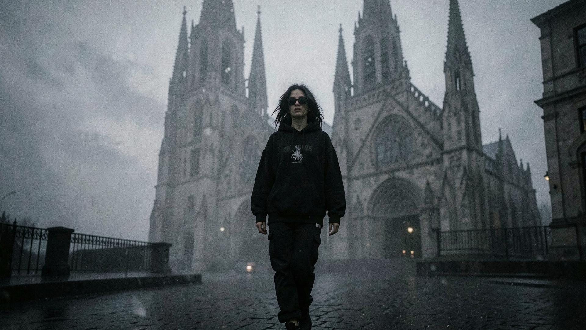 Model in an oversized black hoodie before a gothic cathedral